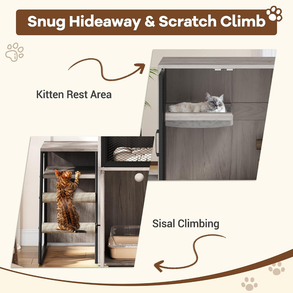 Double Cat Litter Box Enclosure Furniture with Doors - Hidden Storage, Ladder, Hammock, Metal Mesh - Multifunctional