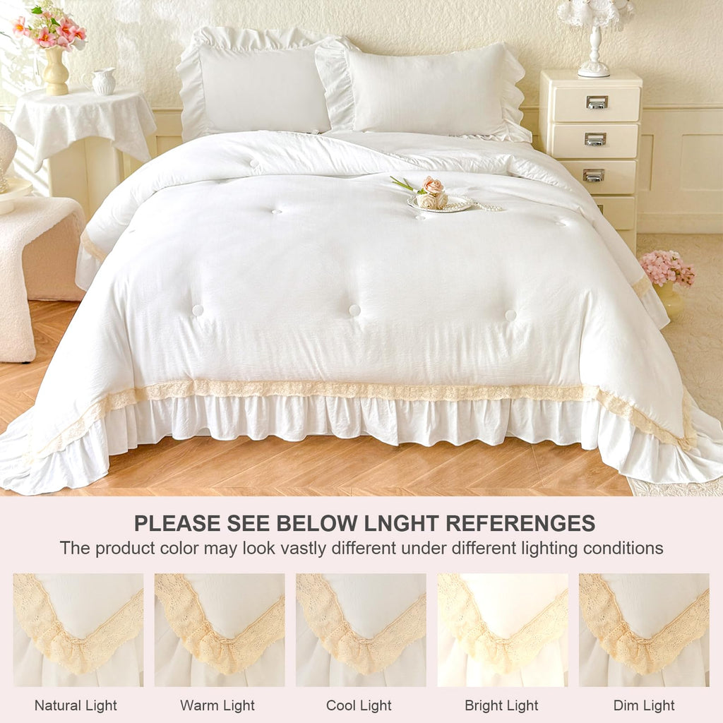Ruffle Comforter Set 3 Piece - White Boho Farmhouse Bedding with Lace Trim & Pintuck Details (80"x90")