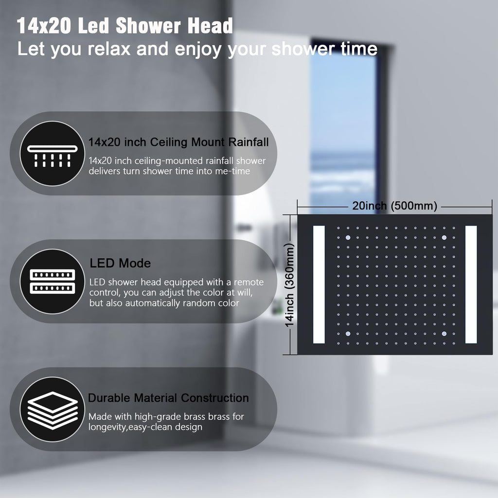 Dual Rain Shower Head System Faucet Set Ceiling Mount 14x20 Inch LED Head with 6 Inch Wall Head and Handheld Shower