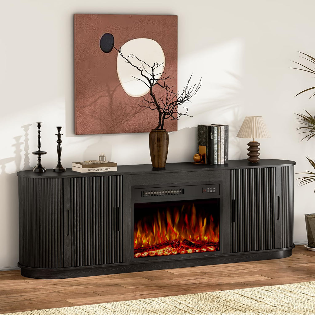 70" Fluted Fireplace TV Stand with 23" Electric Fireplace for TVs Up to 80", Entertainment Center with Sliding Door
