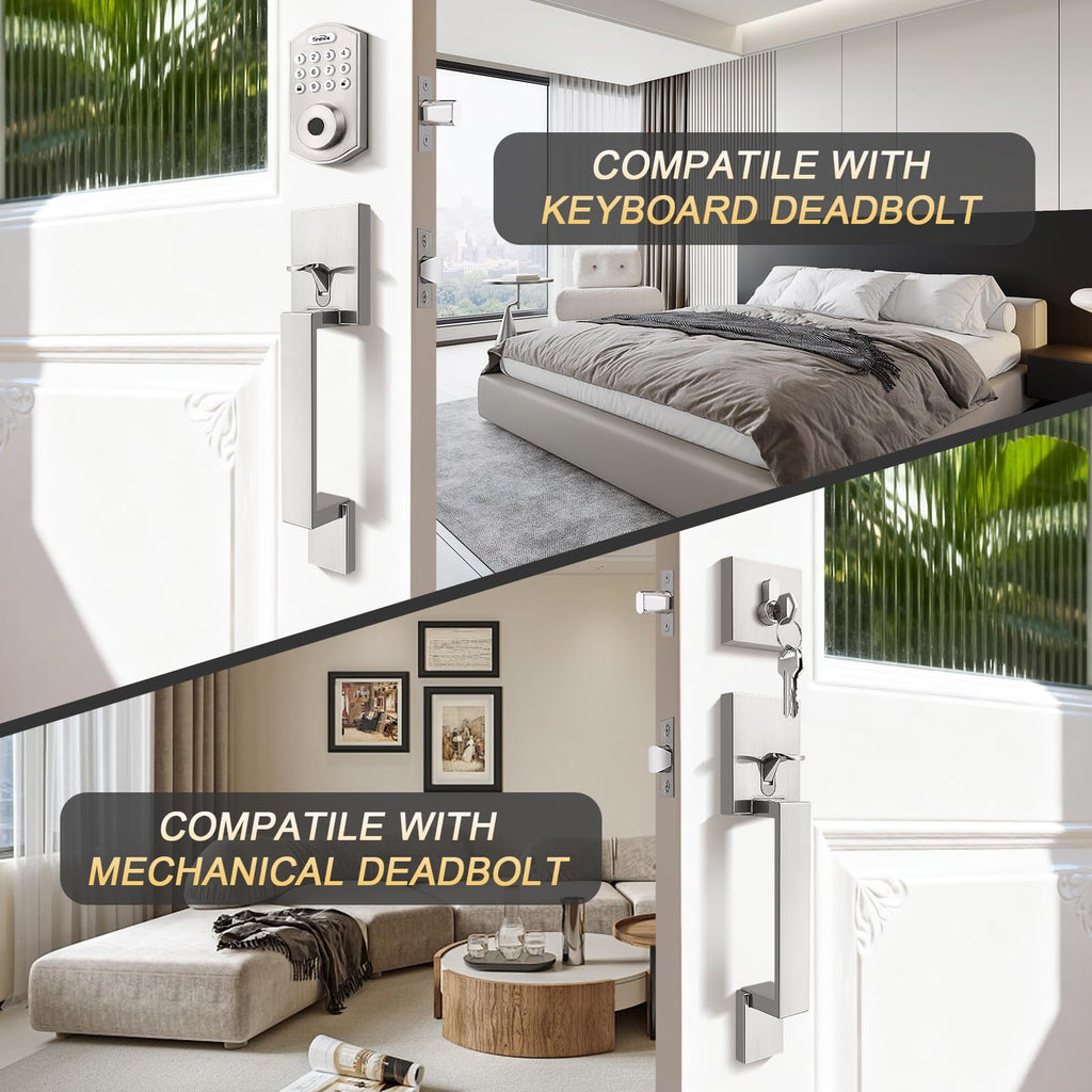 Satin Nickel Front Door Handle, Brushed Nickel Entry Handleset, Single Cylinder Front Door Handle Only, Reversible