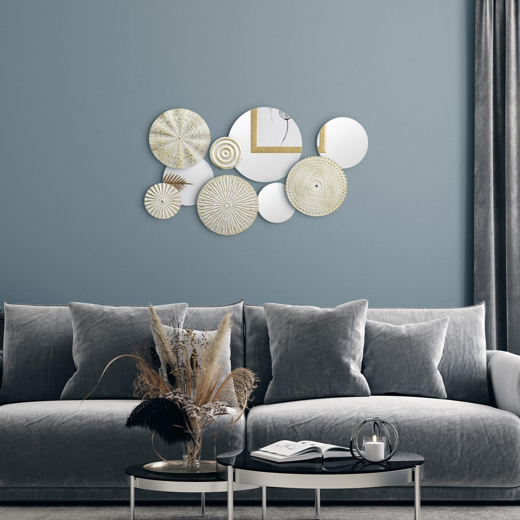 9 Pcs White Gold Mirror Wall Decor Metal Round