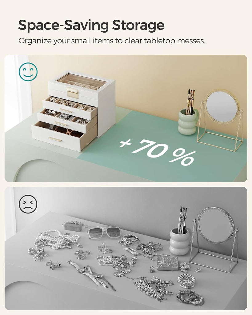 Jewelry Box Organizer, 4-Layer Storage with 3 Drawers, Glass Lid