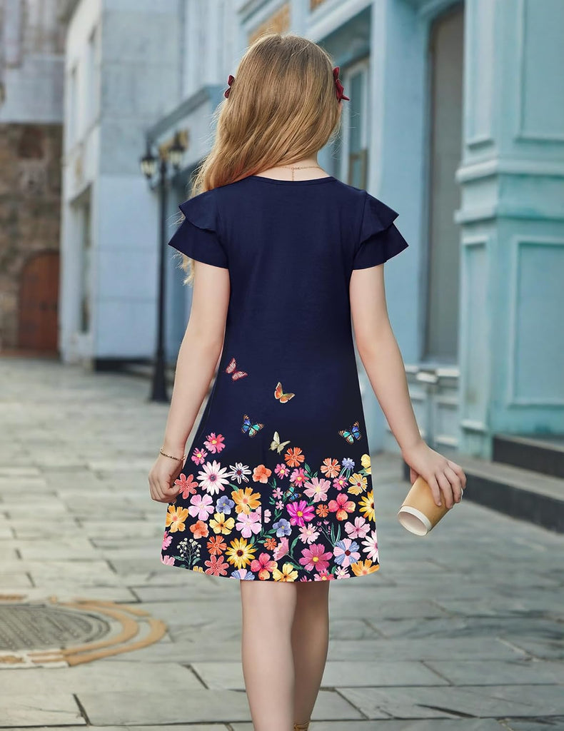 Girls Summer Dress Tween Flutter Sleeve Pleated Front Dresses