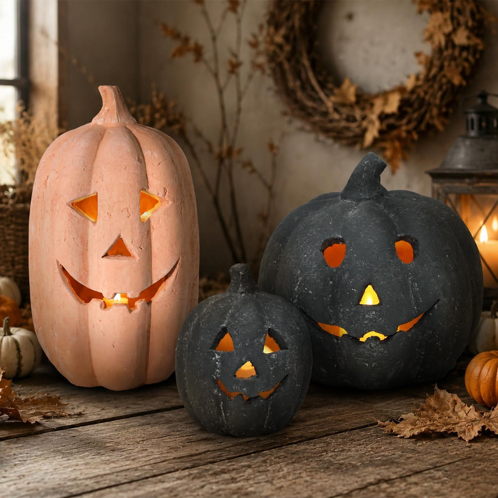 Fall Decor - Halloween Decorations - Handmade Terracotta Pumpkin Jack O' Lantern with Flameless Candle - Vintage