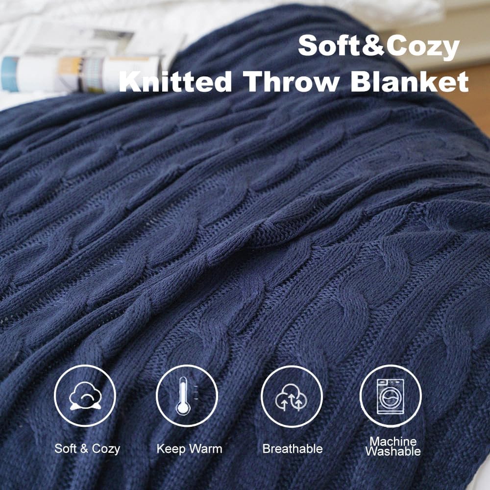 Navy Cable Knit Throw Blankets, Super Soft Warm Cozy Decorative Knitted Throw Blanket, Chair 50"x60"