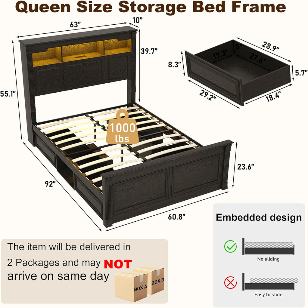 Farmhouse Queen Bed Frame with 55" Tall Storage Headboard & 4 Drawers, Wood Roman Column Platform Bed Frame with 24"