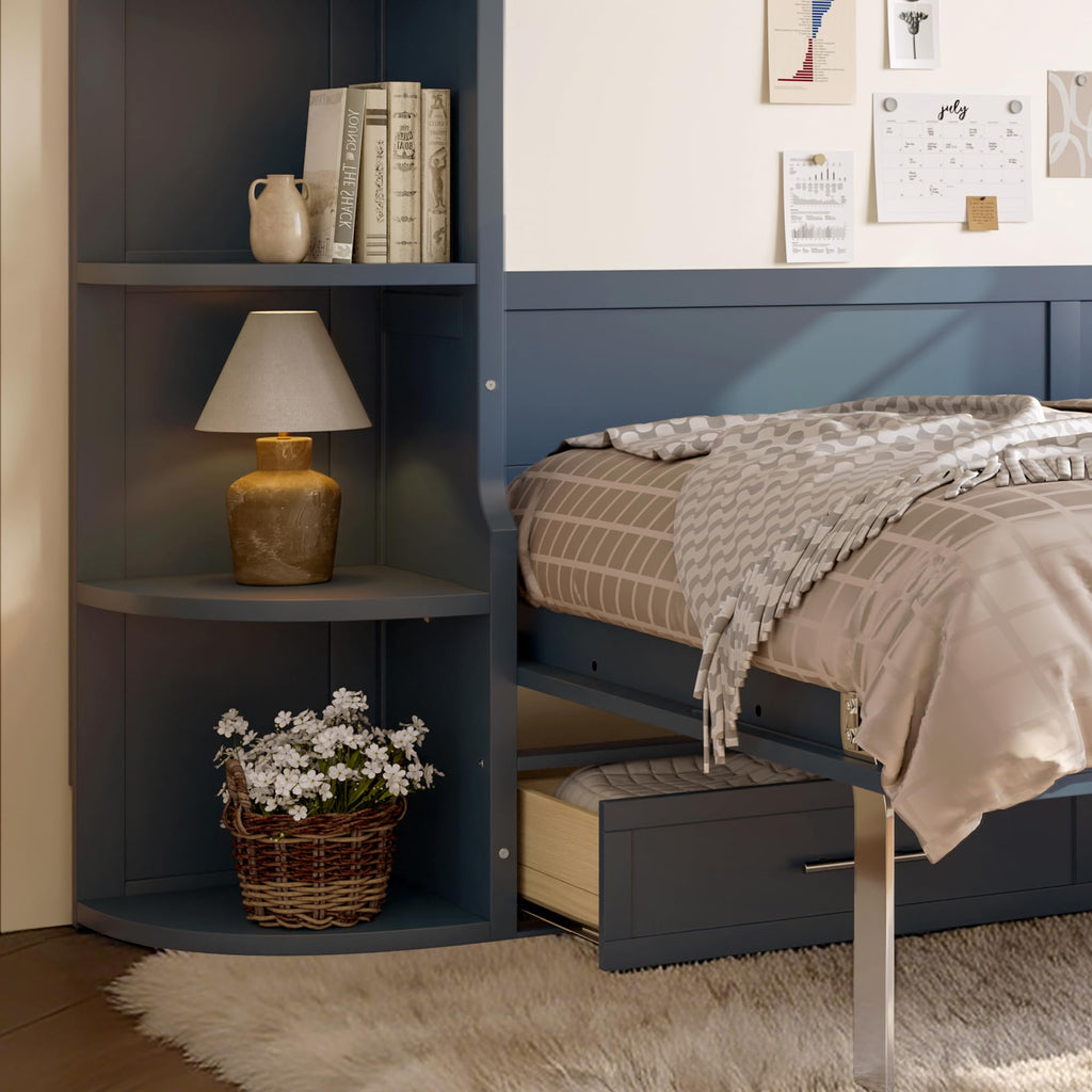 Full Size Horizontal Cabinet Murphy Bed with Side Cabinets, Blue