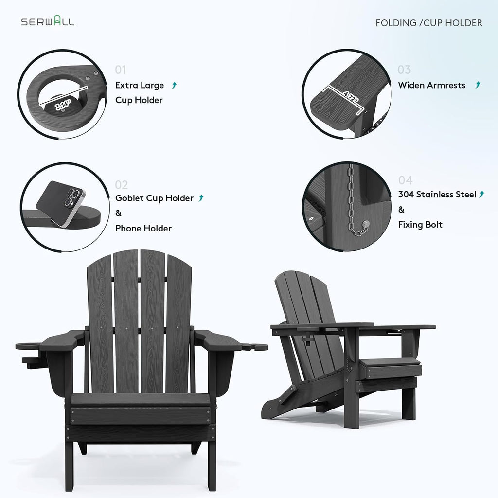 Outdoor Adirondack Chair Set of 2 with Cup Holders,Grey | HDPE Composite,Waterproof,Wood Grain,Cup & Phone