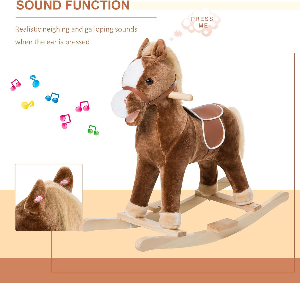 Kids Plush Toy Rocking Horse Ride on with Realistic Sounds - Brown