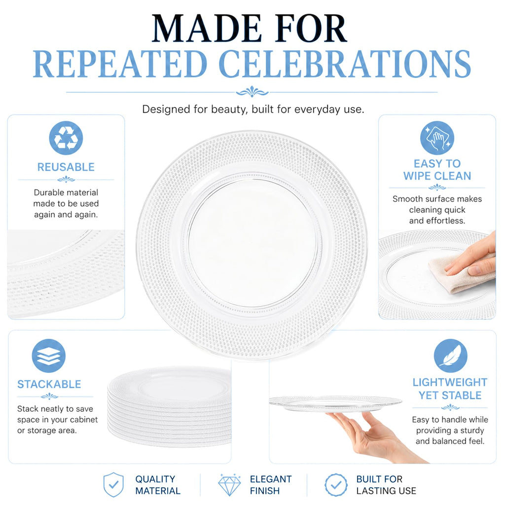 10 Pack 13" Plastic Clear Charger Plates, Transparent Trim