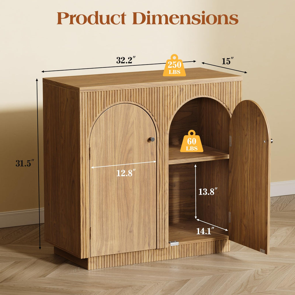 32" Arched Door Sideboard Buffet Cabinet with Storage, Natural Oak