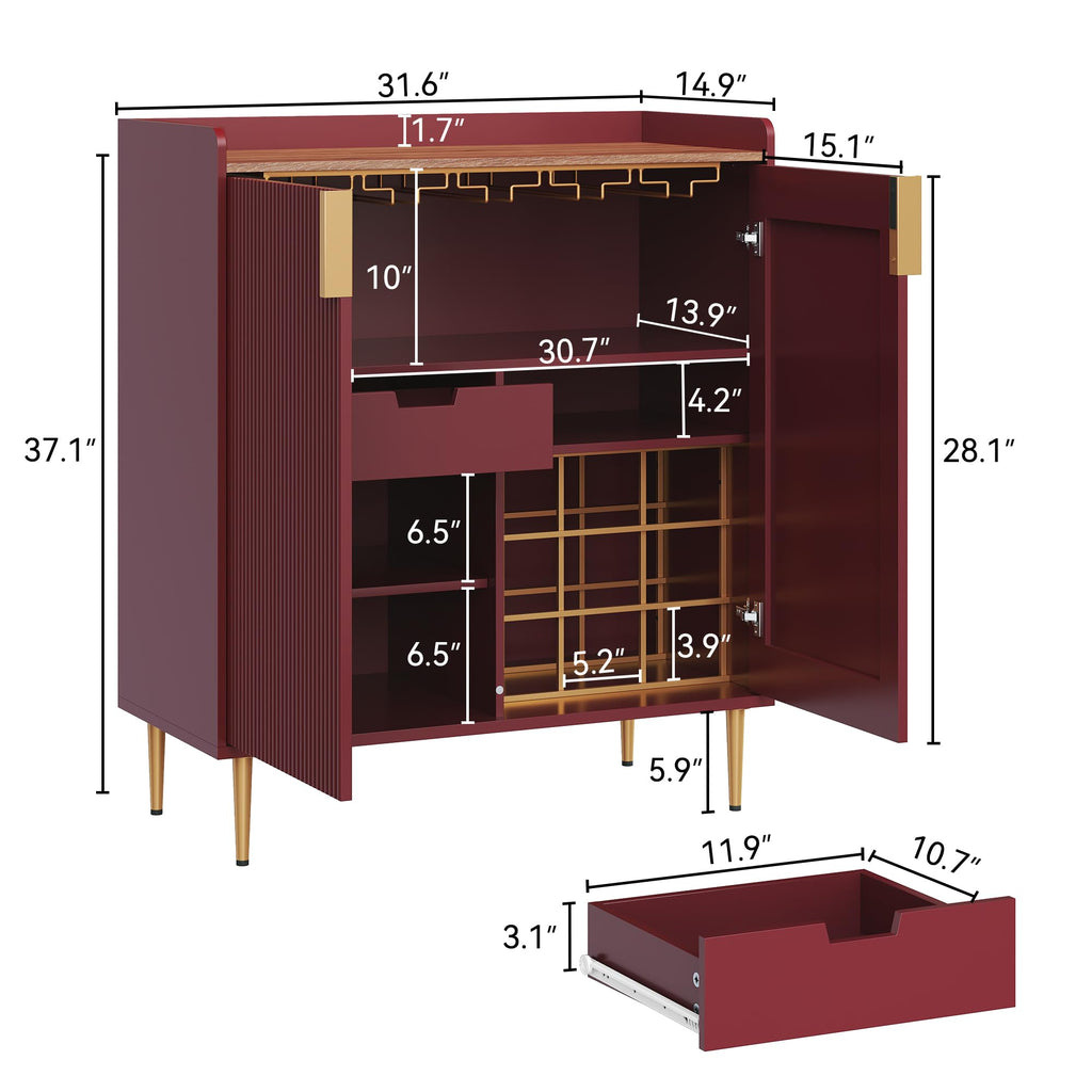 Coffee Bar Cabinet with Wine Rack&Glass Holder, Red