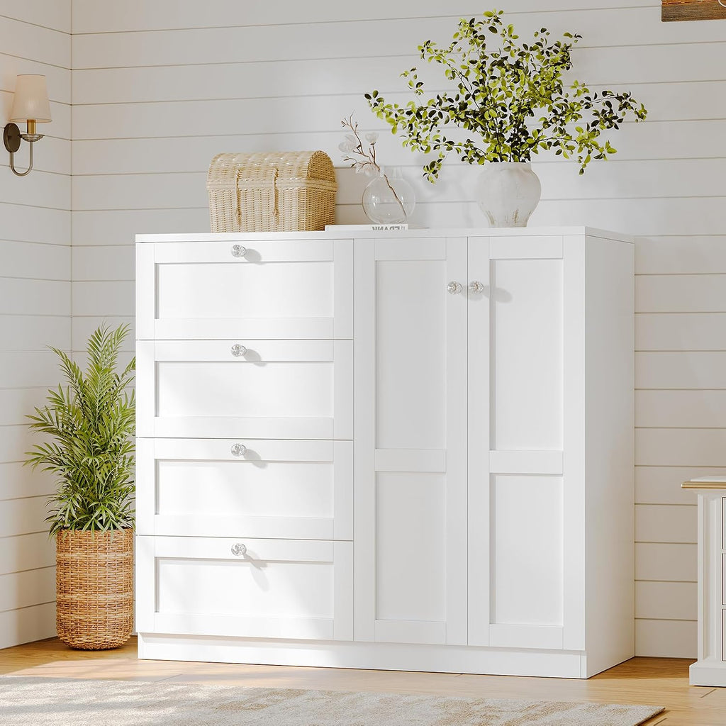 43''H Armoire Wardrobe Closet with 4 Drawers and 2 Doors | Small Clothing Storage Cabinet Dresser with Hanging Rod