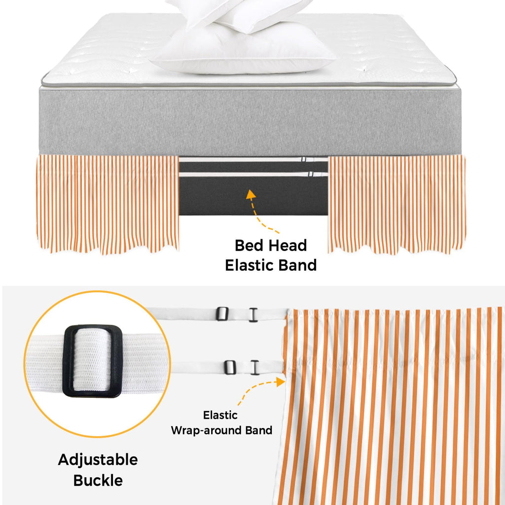 Thin Orange Striped Bed Skirt 16 Inch Drop, Adjustable & Elastic Wrap Around Bed Skirts Pleated Luxury