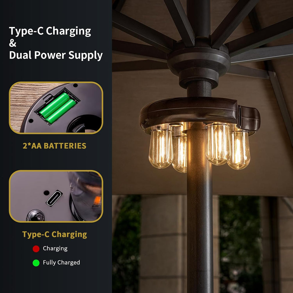 Patio Umbrella Light with Remote Control, Rechargeable Cordless LED Edison Bulbs Pole Light with 10 Brightness L - M6SJ