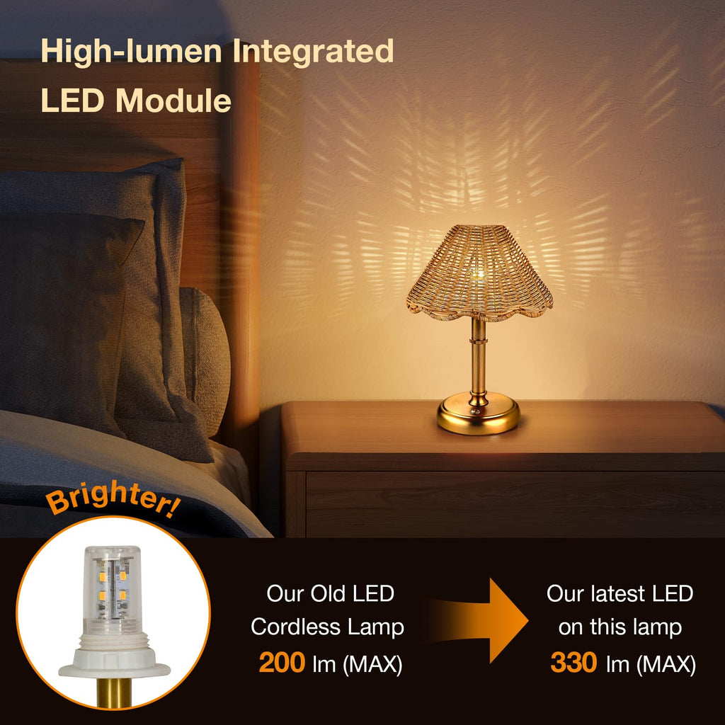 Mini Cordless Boho Rattan Table lamp, 5200-mAh Rechargeable Battery, 3-Level Brightness Dimmable, Build-in Integrated