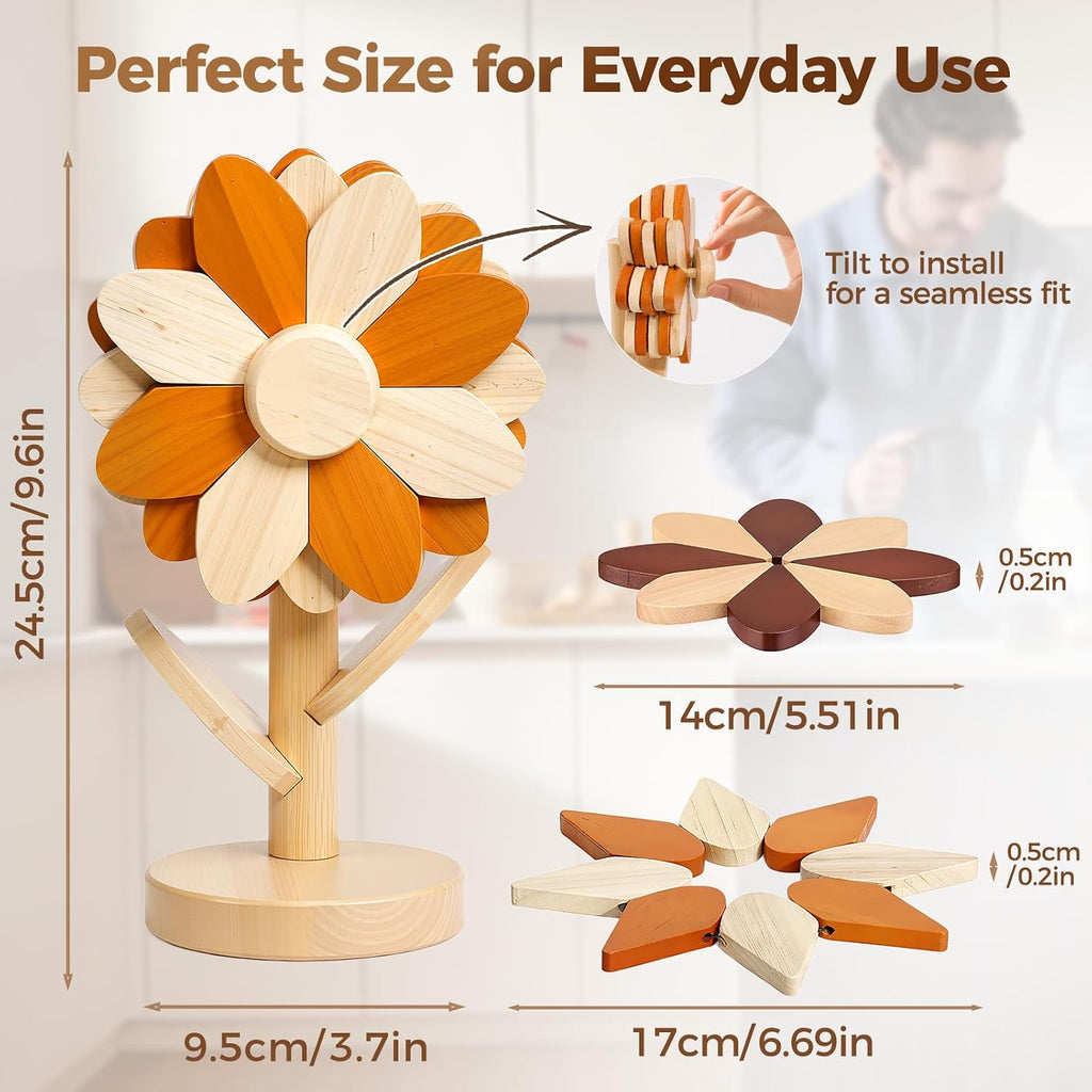 Wooden Trivets for Hot Dishes with Stand, 5-Piece Housewarming Gift Orange