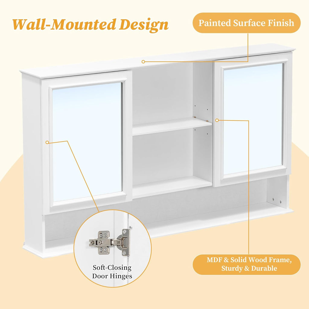 Large Bathroom Medicine Cabinet 60" x 35", Double Mirrored Doors Bathroom Mirror with Storage Shelves, Wall Mounted
