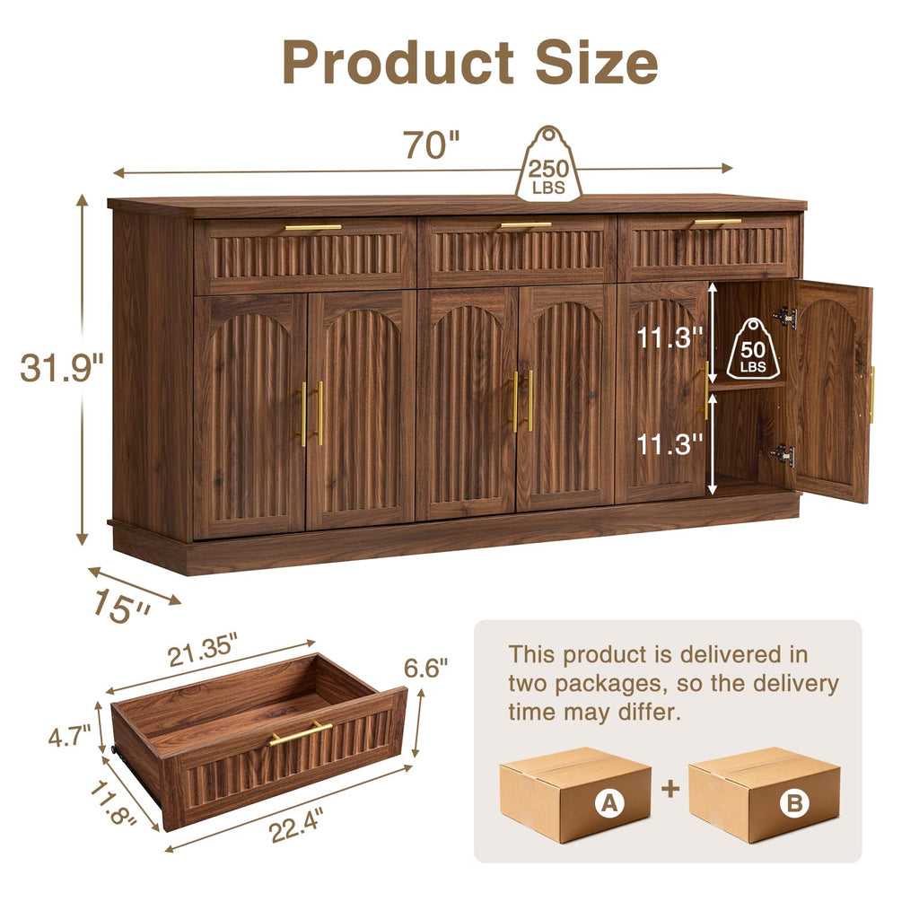 70" Modern Buffet Cabinet with 6 Doors & 3 Drawers Storage, Walnut