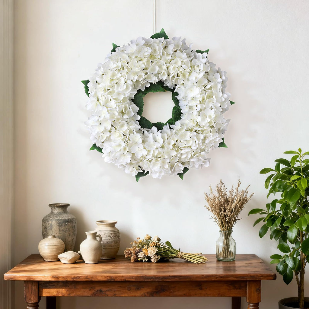 21" Artificial Hydrangea Flower Wreath for Front Door Decor (White)