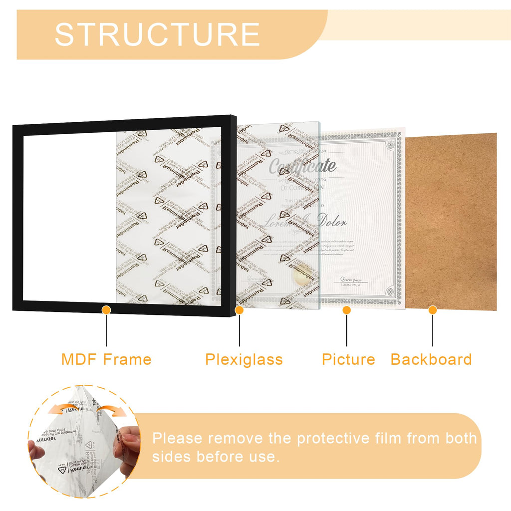 8.5x11 Picture Frame Black Set of 6, Certificate Photo 8.5 x 11 Wall or Tabletop Display