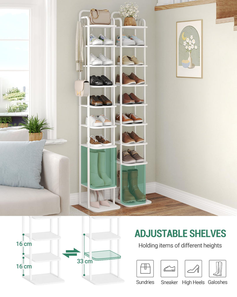 10 Tiers Vertical Shoe Rack, Tall Shoe Shelf with 2 Hooks