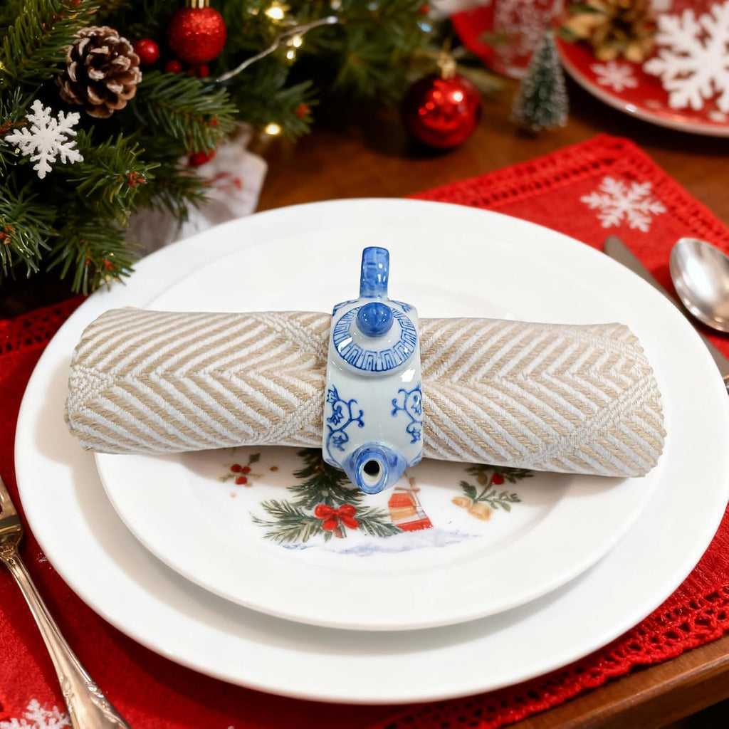 New Classic Teapot-Shaped Napkin Ring Ceramic Napkin Rings 3-inch Blue-and-White Design Napkin Holders Ideal - Set of 6