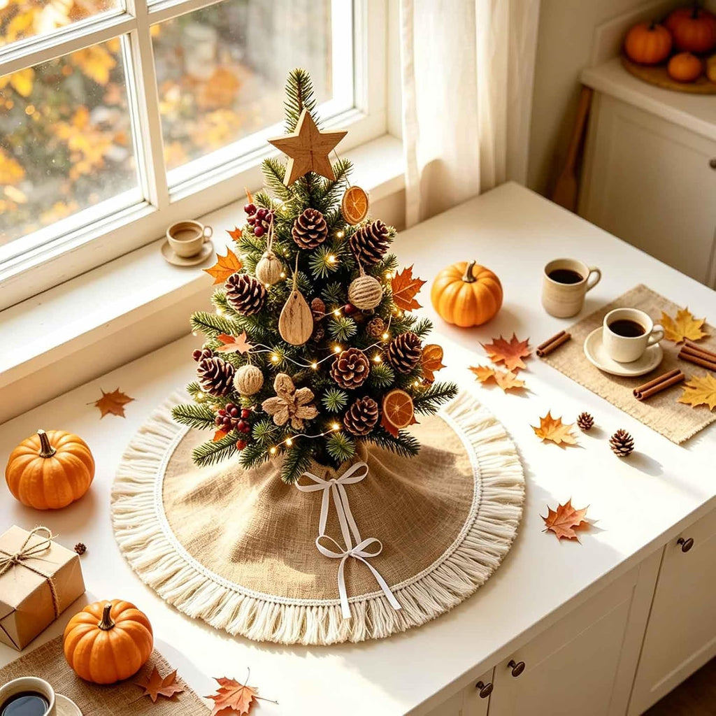 24" Burlap Tree Skirts with Tassel, Fall Tree Skirt for 2-3 Ft Tabletop