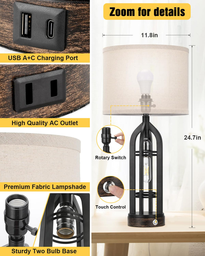 Table Lamps, 3 Way Dimmable Farmhouse Lamp Set of 2