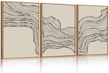 Neutral Abstract Framed Canvas Wall Art Set, Black Beige Wave Line Wall Decor, Large Minimalist Painting, Modern