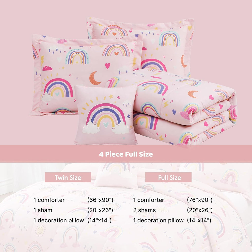 Girls Full Bedding Sets -4 Pieces Pink Rainbow Full Comforter Set - Set of 4