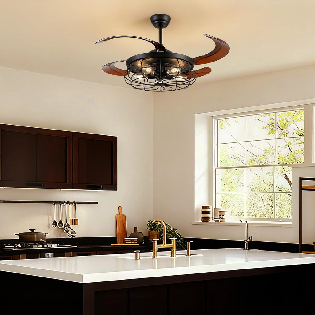 48" Industrial Caged Ceiling Fan with Light and Remote, Vintage Retractable Blades Ceiling Fan with Lights, Farmhouse