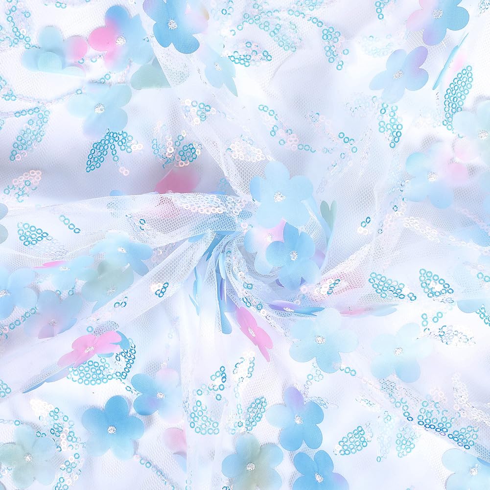 62.99 Inch Light Blue 3D Flower Sequin Tulle Cloth Pattern Netting Sheer Soft Polyester Sparkle Floral Glitter