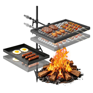 Heavy Duty Swivel Campfire Grill, Double Layer Portable Camping Grill Grate & Griddle, Sturdy Steel BBQ Mesh, 360°