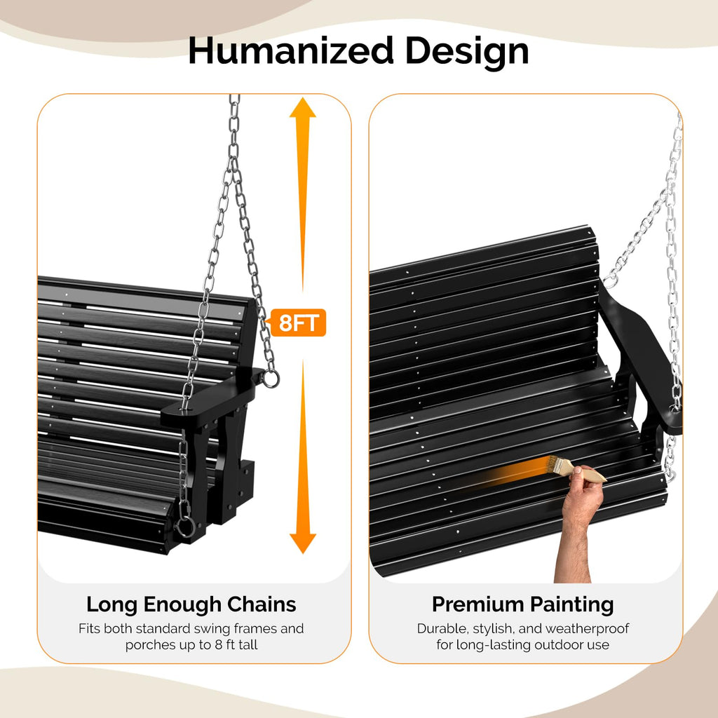 2026 Upgraded 5 FT Wooden Porch Swing, 880 LBS Heavy Duty, Black