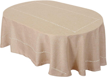 Solid Beige Color Double Hemstitched Dining Oval Tablecloth (Beige, Oval 60x120 inches)