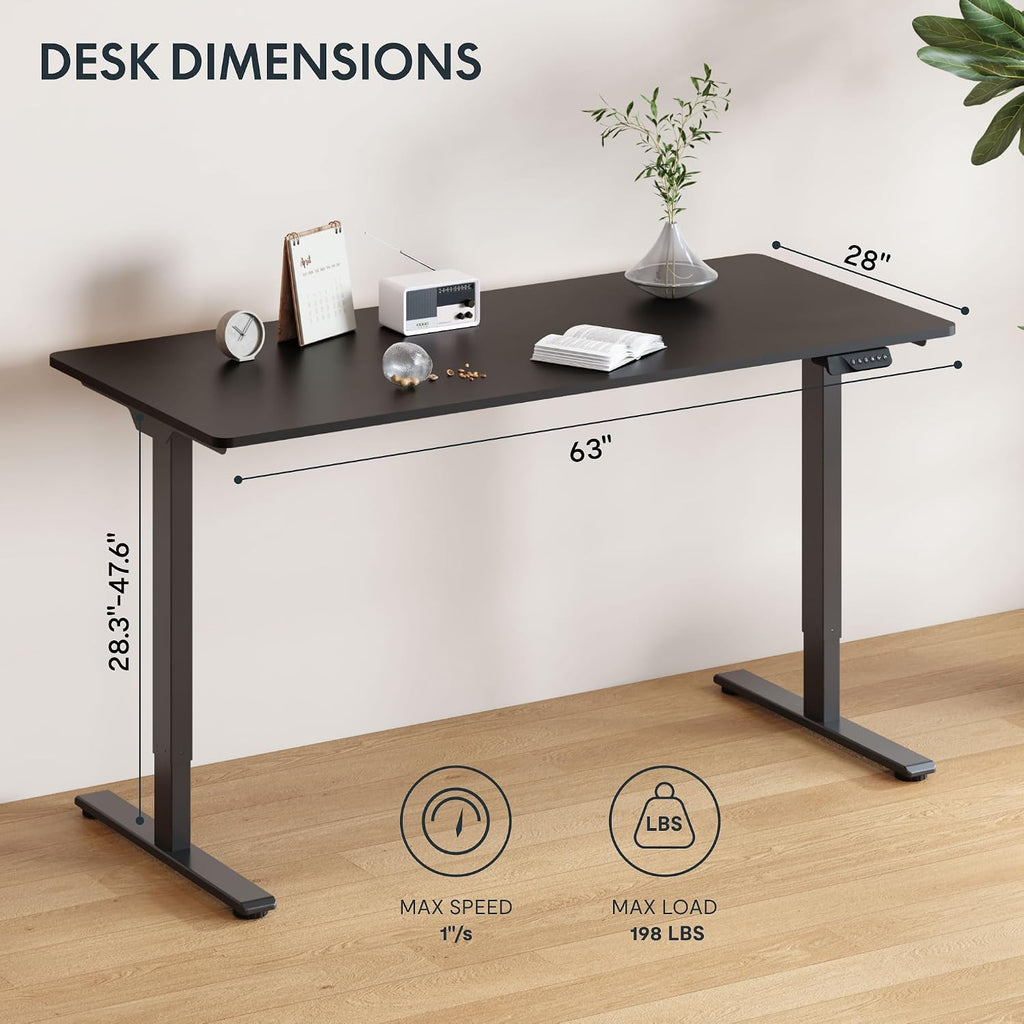 63"x28" Electric Standing Desk, Black | Dual Motor, 198 LBS Capacity, Spacious Workspace, Multi-Monitor Setup, Home