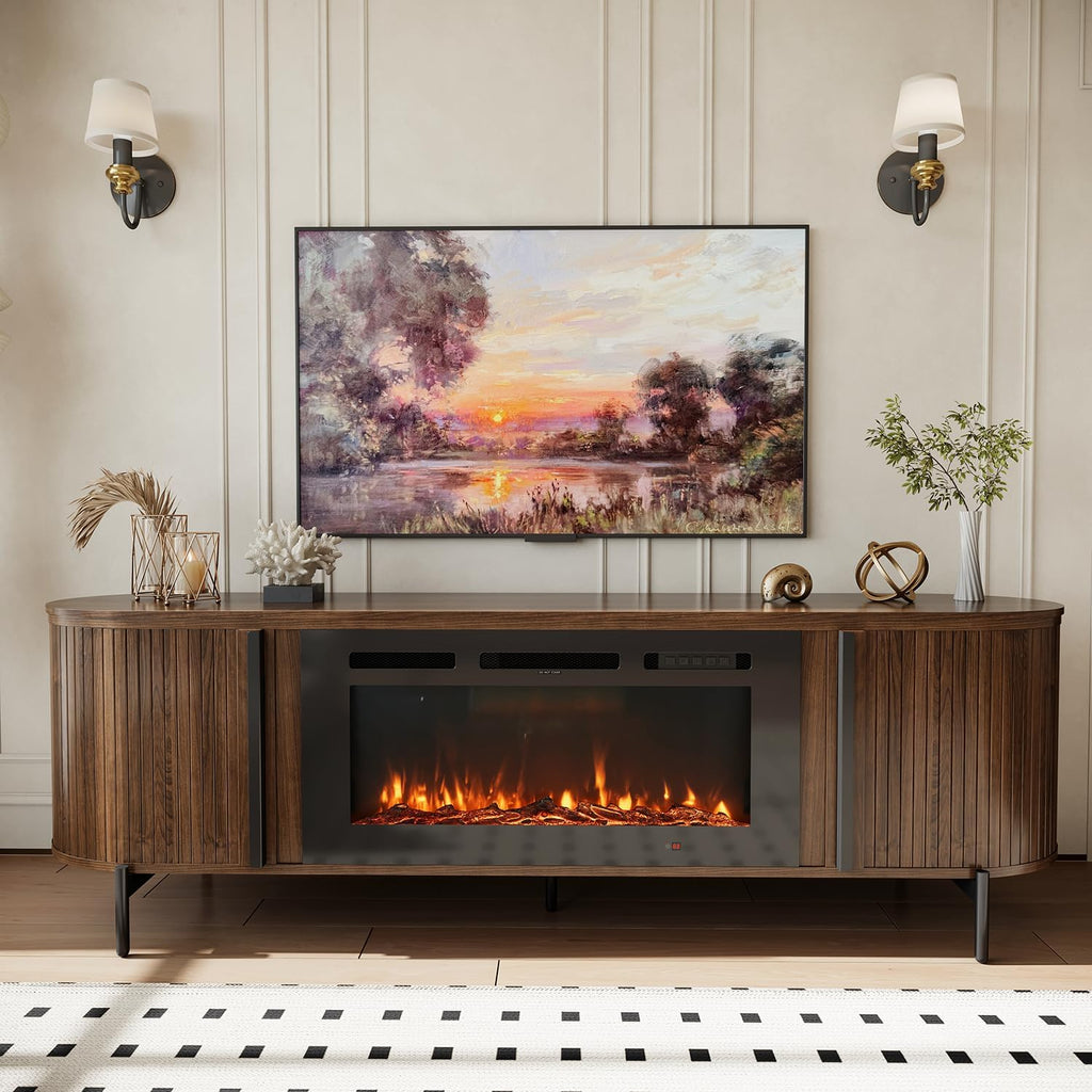 70" Fluted TV Stand with Fireplace, Mid Century Modern TV Stand, Entertainment Center for TVs Up to 80"