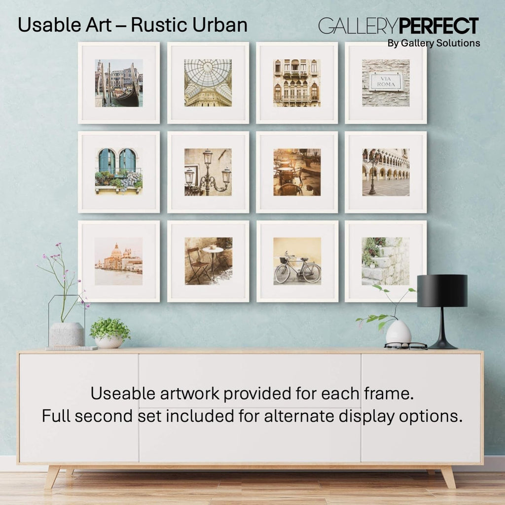 Perfect - 12-Piece White Square Photo Frame - Set with Hanging Template - Wall Gallery Kit - 16.5"x10.2"x16.7"