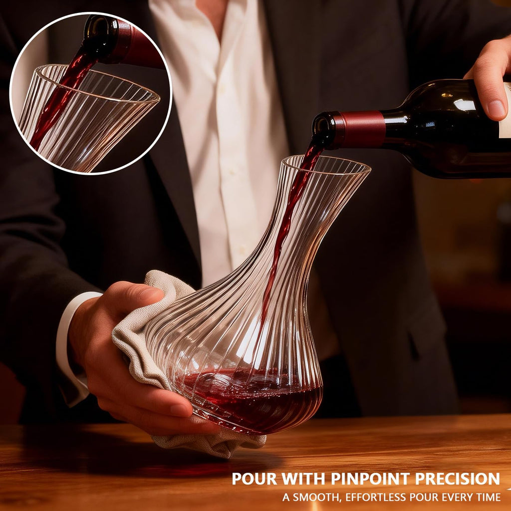 Wine Decanter with Aerator, Ribbed Crystal Glass Red Wine Carafe Decanter, Wine Accessories, Hand-Blown Lead-Free