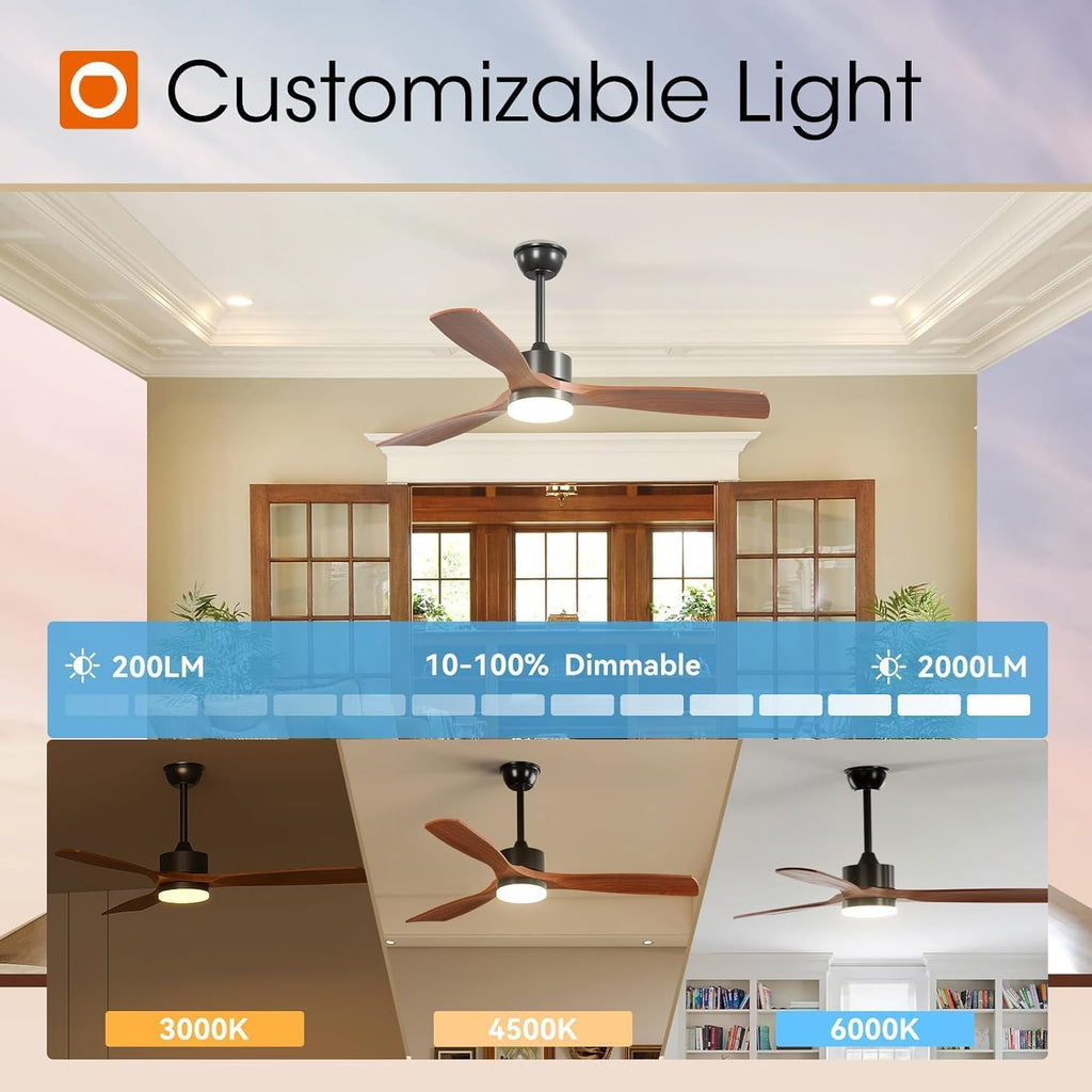 52 inch Ceiling Fans with Lights and Remote Control, Reversible, 3 Wood Blades, 6 Speeds, 5CCT Dimmable, Noiseless, Indoor/Outdoor Black Walnut Ceiling Fan for Bedroom Living Room Gazebo Patio A103-B0DY7M989Q