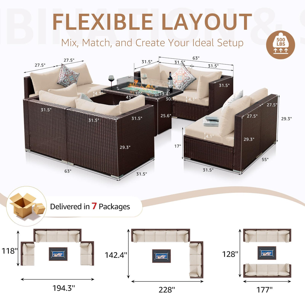 9 Piece Patio Furniture Conversation Set, Extra Large Size Outdoor Rattan Sectionals with Fire Pit Table Natural Gas