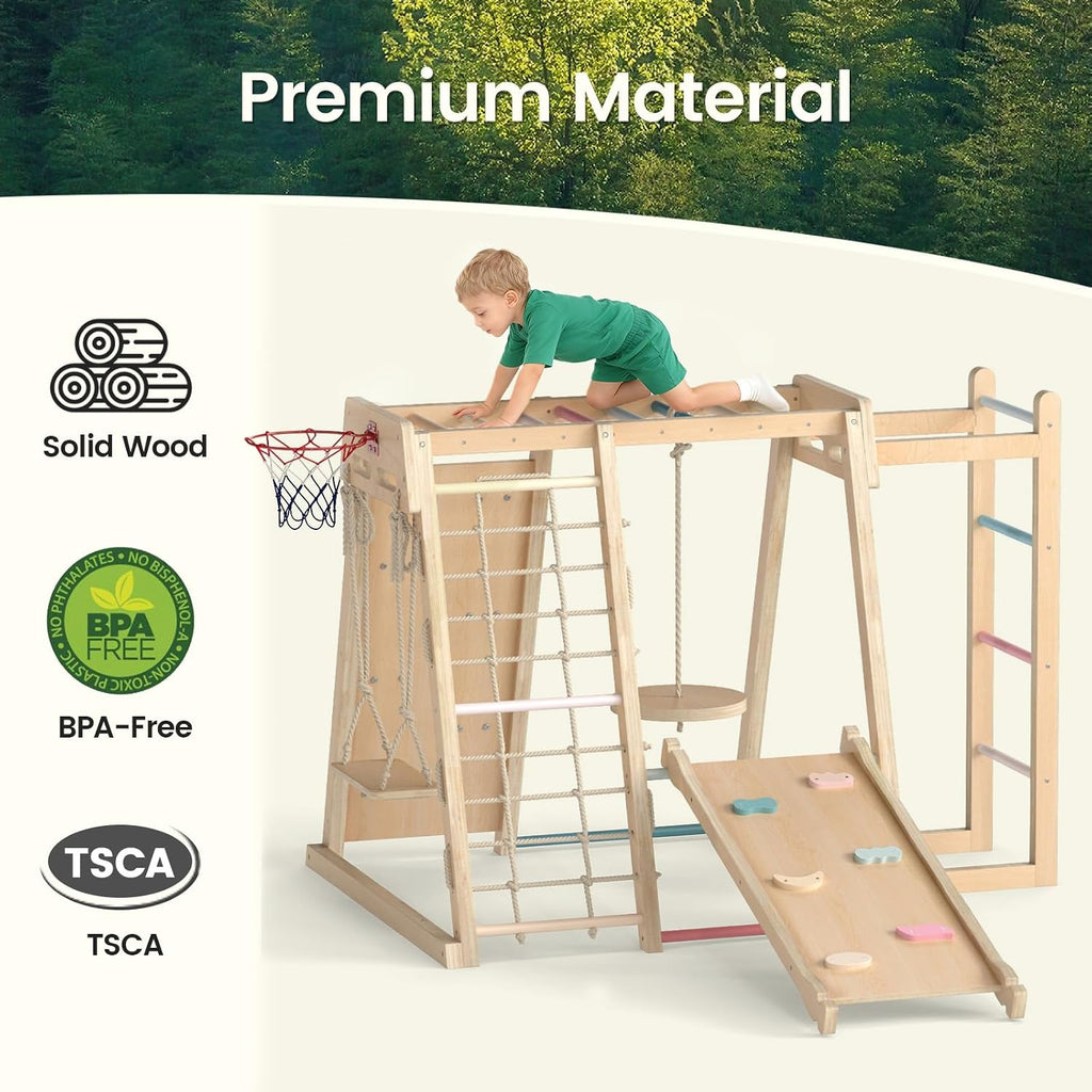 Indoor Jungle Gym, 9 in 1 Wooden Montessori Baby Climbing Toys with Adjustable 2 Swings Ramp, Monkey Bar Basketball
