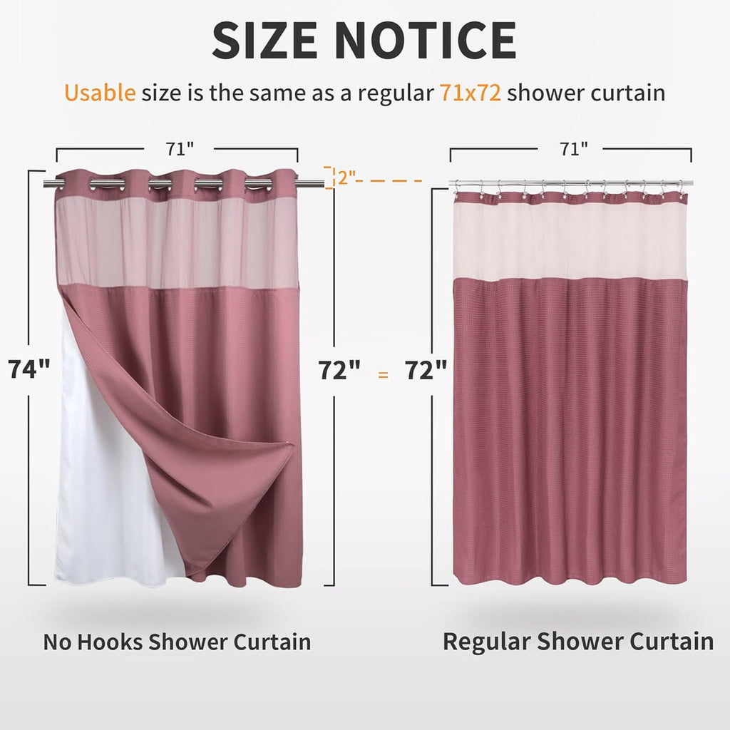 Waffle No Hook Shower Curtain with Liner, Pale Mauve, 71x74