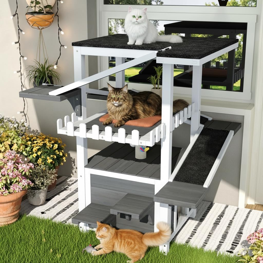 Outdoor Cat House with Roof, Wooden Cat Shelter for Feral Cat, 4 Tier