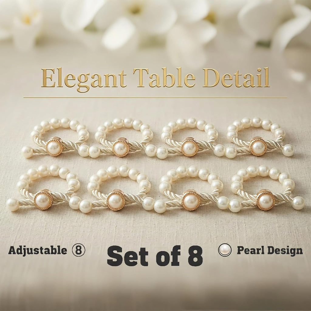 Adjustable Pearl Napkin Rings, Alternative Bow Napkin Rings, Compatible with Various Napkins, Such as - Set of 8