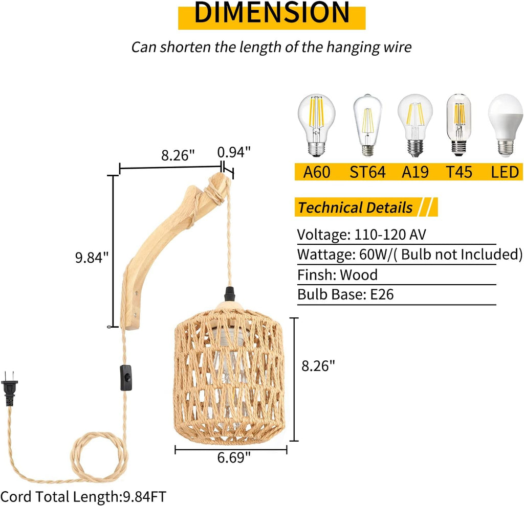 Frideko Plug in Wall Sconces Set of Two Hand Woven Lamp with Cord Rattan Lights Farmhouse Sconce Mounted Light Boho