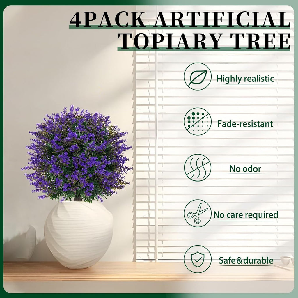 4Pcs Artificial Lavender Topiary Ball Trees, Boxwood Shrubs