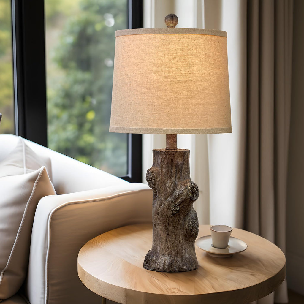 23"Resin Table Lamps Set of 2 Country Cottage Farmhouse Lamp Tree Trunk Wood Grain with Oatmeal Fabric Round Shade